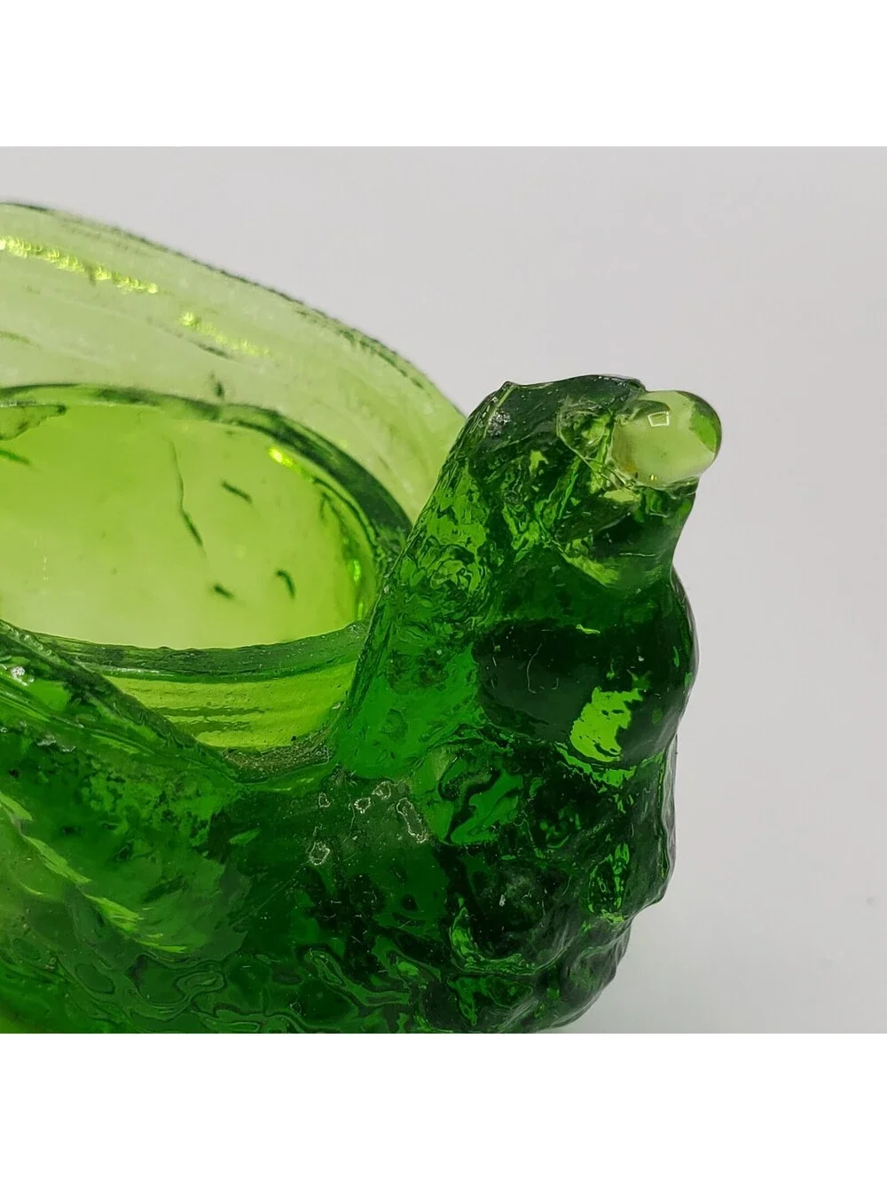 Vintge Kanawha Glass Salt Cellar Glows Green Bird with Berry in Mouth